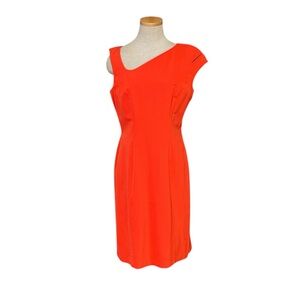 Mugler Dress Orange Red Sheath Asymmetric Neck Shoulder Stretch Size 42 US 10